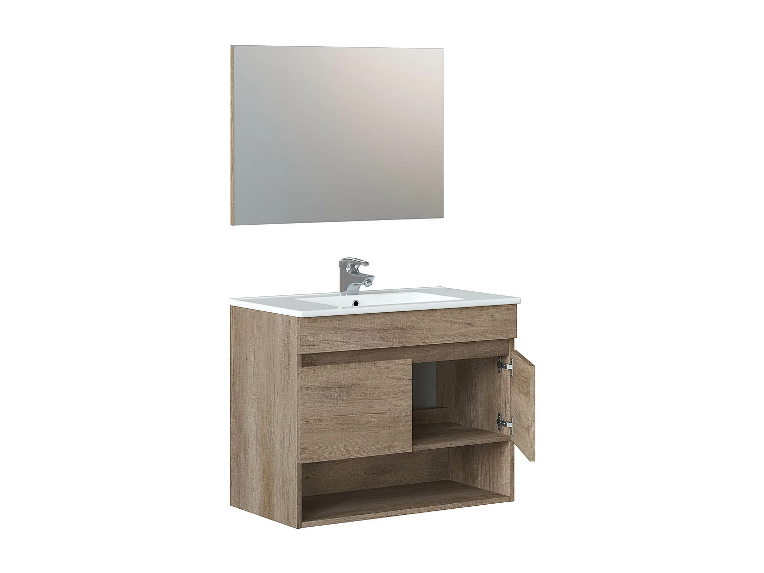 Meuble sous-vasque suspendu, 2 portes + Miroir finition nordik - 64x80x45cm