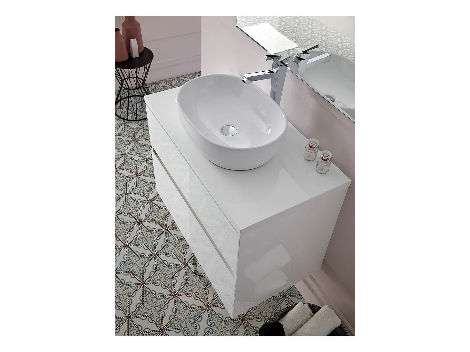 Meuble de salle de bain coloris blanc avec vasque à poser en céramique - Longueur 100 x Profondeur 46 x Hauteur 56 cm