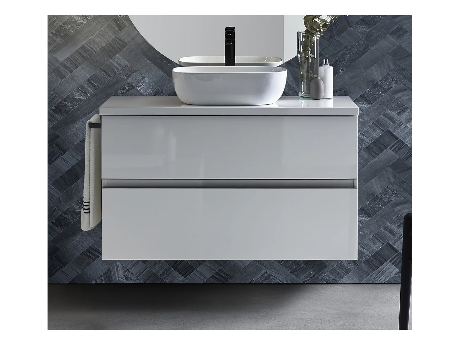 Meuble de salle de bain avec 2 tiroirs suspendus blanc brillant + vasque à poser - Longueur 60 x Hauteur 56 x Profondeur 46,5 cm