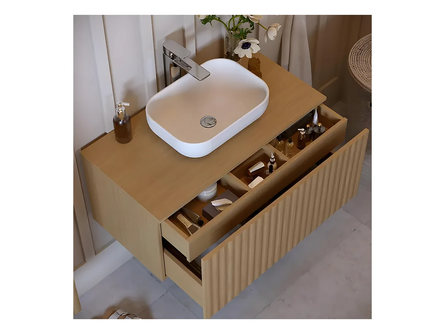 Meuble de salle de bain en placage chêne coloris naturel - Longueur 90 x profondeur 46 x Hauteur 55.6 cm