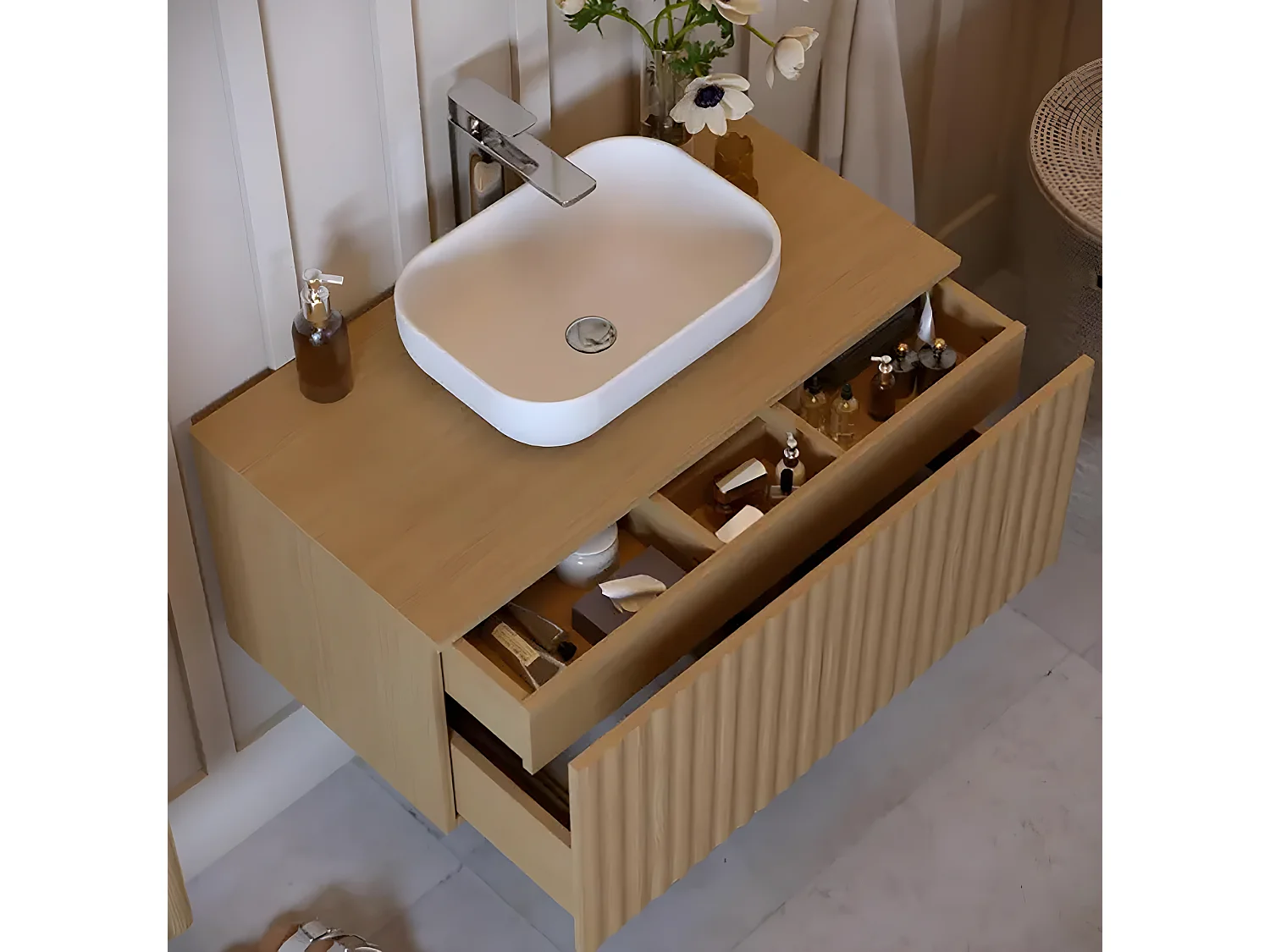 Meuble de salle de bain en placage chêne coloris naturel - Longueur 90 x profondeur 46 x Hauteur 55.6 cm
