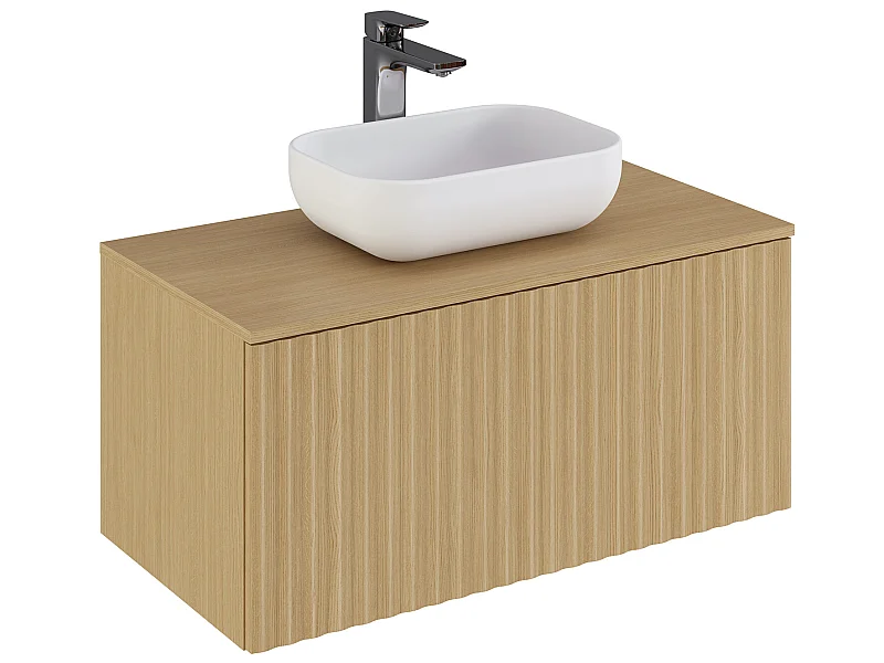 Meuble de salle de bain en placage chêne coloris naturel - Longueur 90 x profondeur 46 x Hauteur 55.6 cm