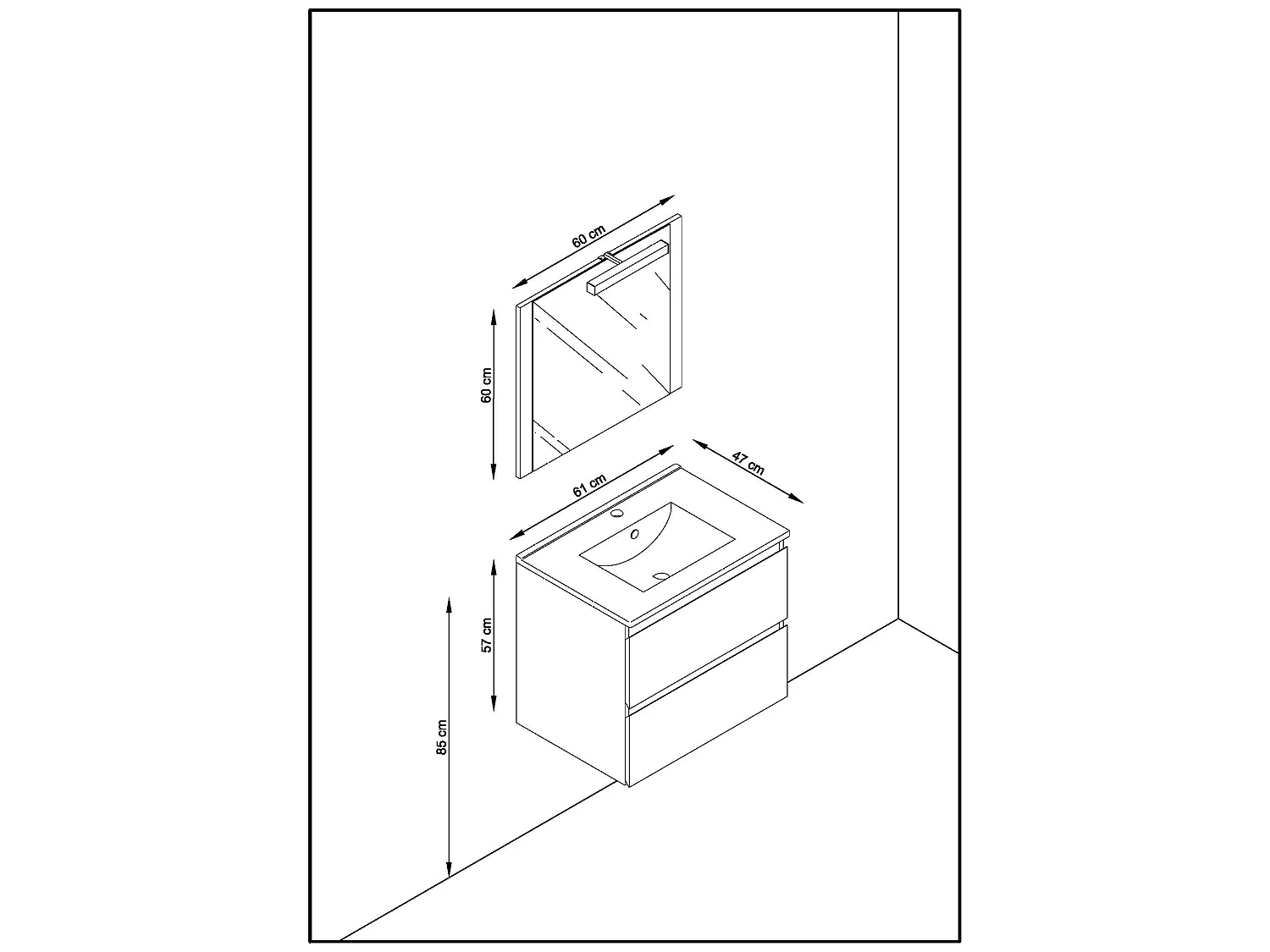 Meuble de salle de bain en mélamine coloris gris brillant - Longueur 60 x profondeur 45 x Hauteur 85 cm