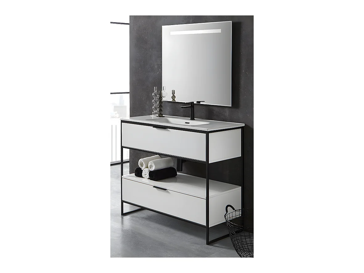 Meuble de salle de bain avec 2 tiroirs blanc brillant avec plan moulé + miroir - Longueur 60 x Hauteur 85 x Profondeur 46 cm