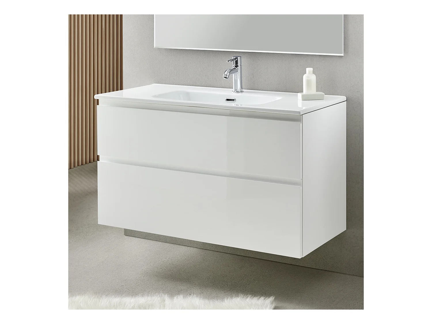 Meuble de salle de bain avec 2 tiroirs suspendus blanc avec plan moulé - Longueur 100 x Hauteur 56 x Profondeur 46 cm