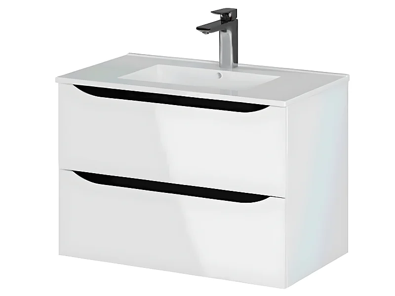 Meuble de salle de bain 2 tiroirs en mélamine coloris blanc brillant - Longueur 81 x profondeur 46 x Hauteur 57 cm