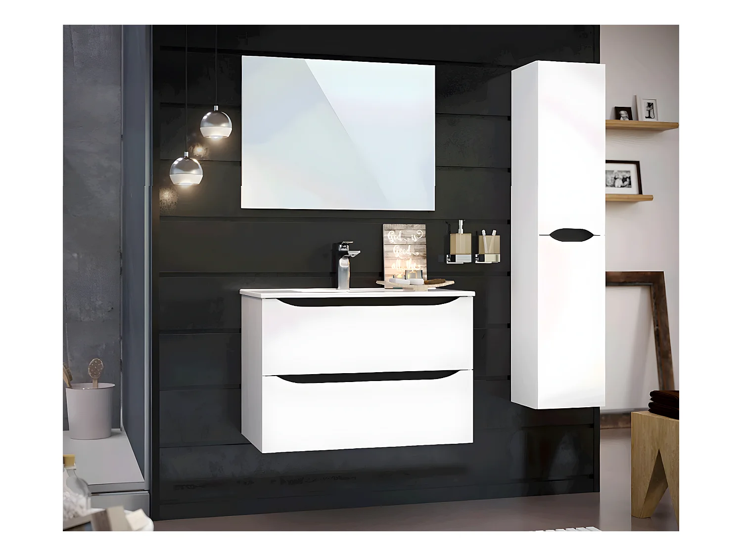 Meuble de salle de bain 2 tiroirs en mélamine coloris blanc brillant - Longueur 81 x profondeur 46 x Hauteur 57 cm