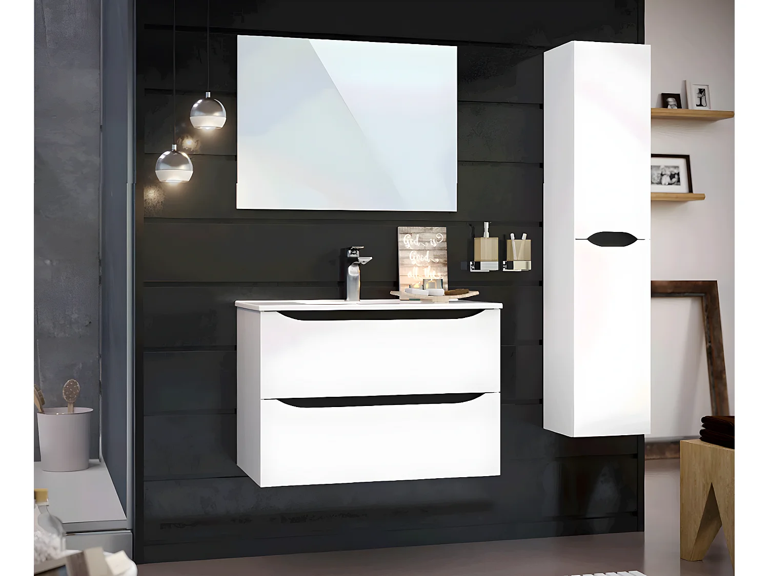 Meuble de salle de bain 2 tiroirs en mélamine coloris blanc brillant - Longueur 81 x profondeur 46 x Hauteur 57 cm