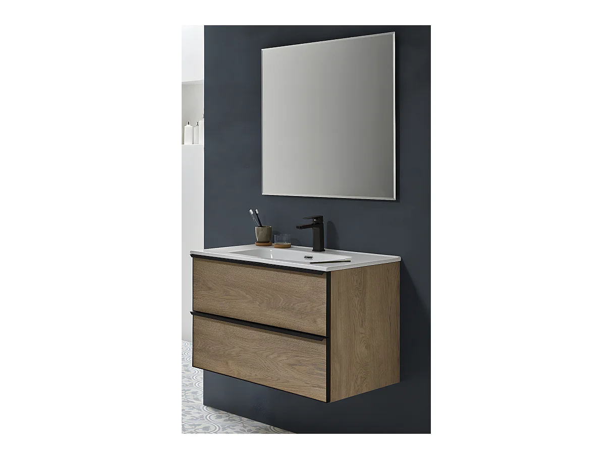 Meuble de salle de bain avec avec 2 tiroirs suspendus couleur chêne Nordique avec plan moulé + miroir- Longueur 80 x Hauteur 50 x Profondeur 46 cm
