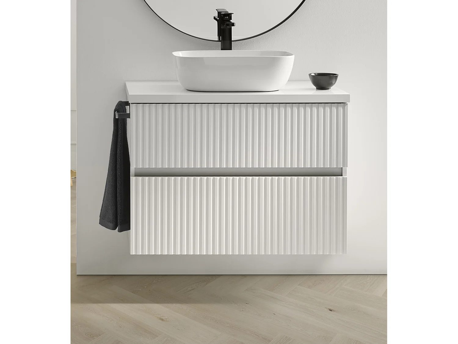 Meuble de salle de bain avec 2 tiroirs suspendus avec plan laqué Blanc brillant + vasque à poser - Longueur 100 x Hauteur 56 x Profondeur 46,5 cm