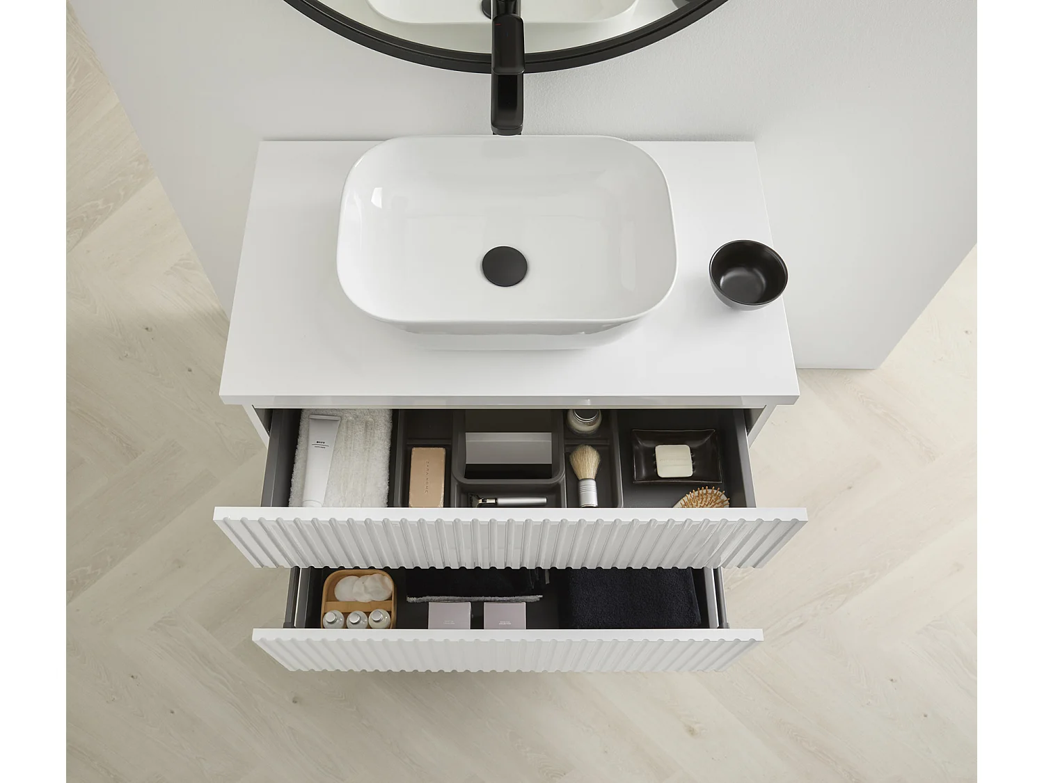 Meuble de salle de bain avec 2 tiroirs suspendus avec plan laqué Blanc brillant + vasque à poser - Longueur 100 x Hauteur 56 x Profondeur 46,5 cm