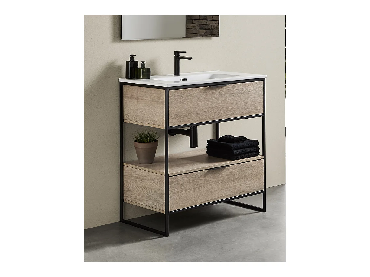 Meuble de salle de bain avec 2 tiroirs couleur chêne nordique avec plan moulé - Longueur 100 x Hauteur 85 x Profondeur 46 cm