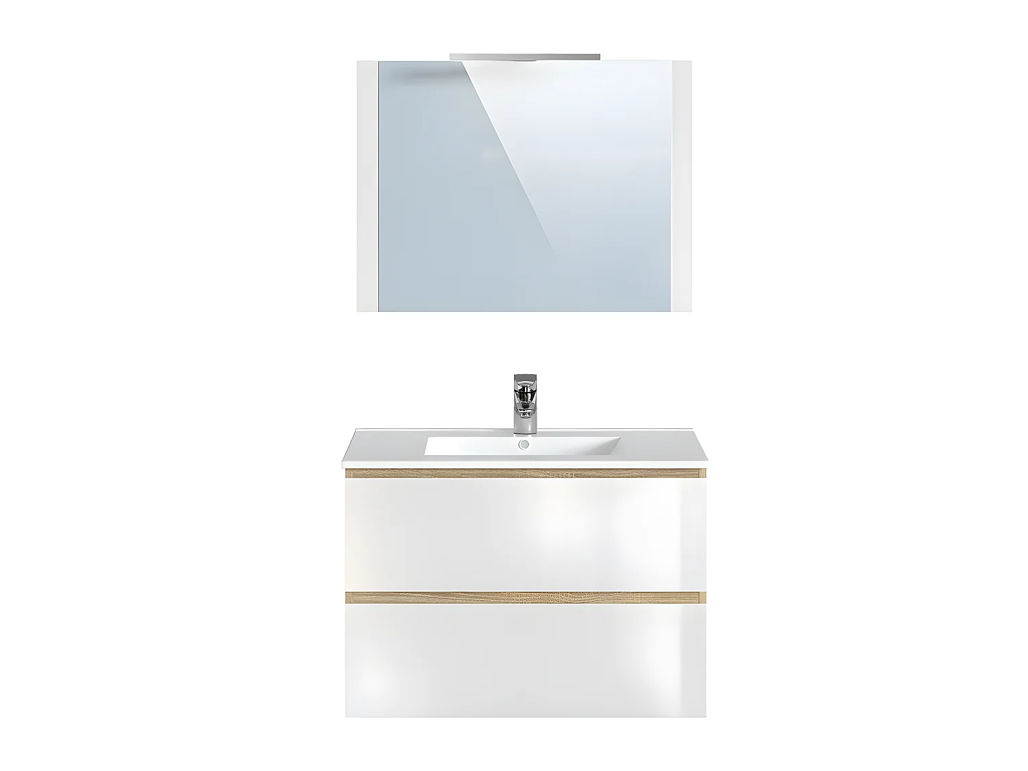 Meuble de salle de bain en mélamine couleur chêne / blanc brillant - Longueur 80 x profondeur 45 x Hauteur 85 cm