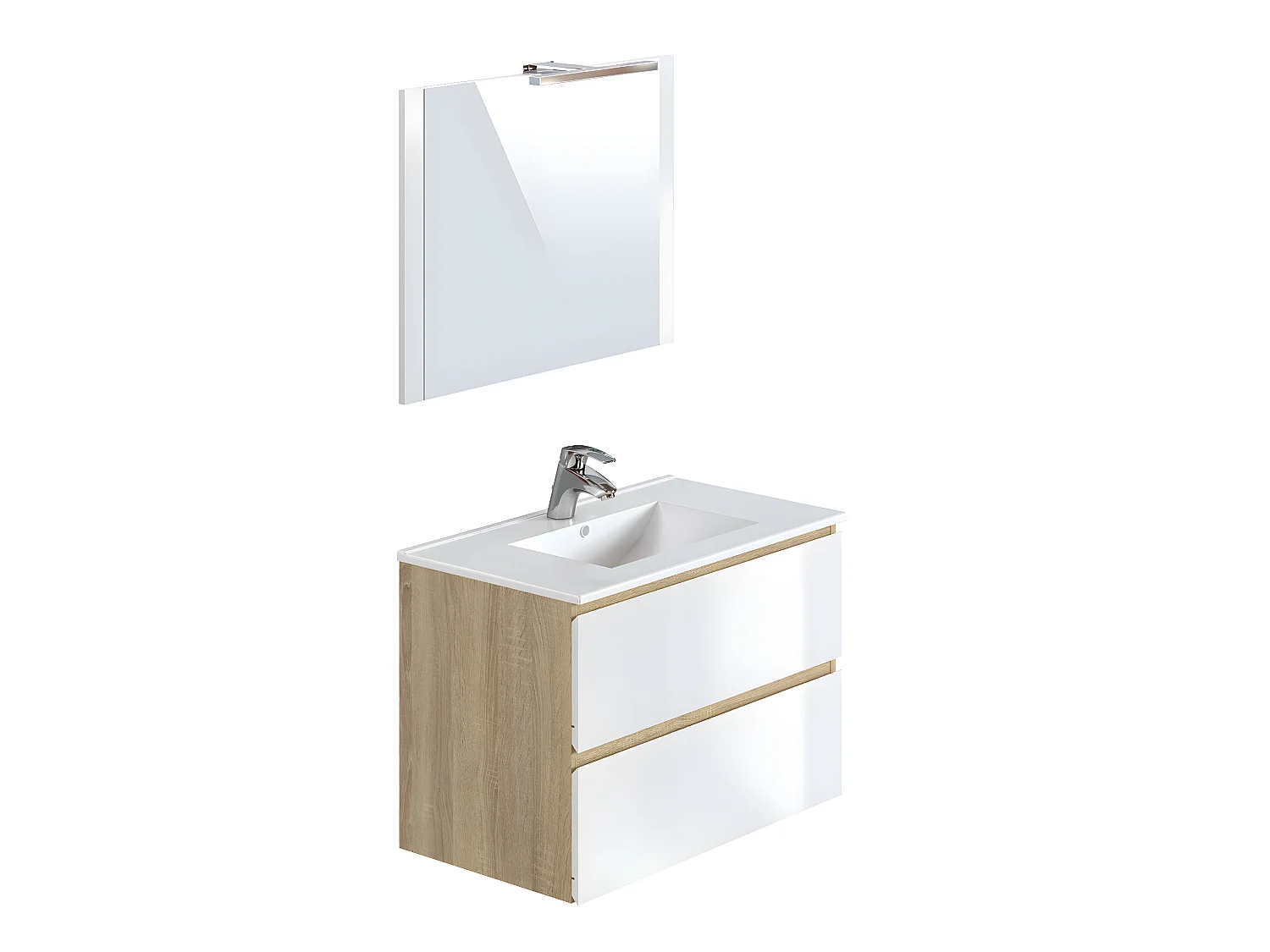 Meuble de salle de bain en mélamine couleur chêne / blanc brillant - Longueur 80 x profondeur 45 x Hauteur 85 cm