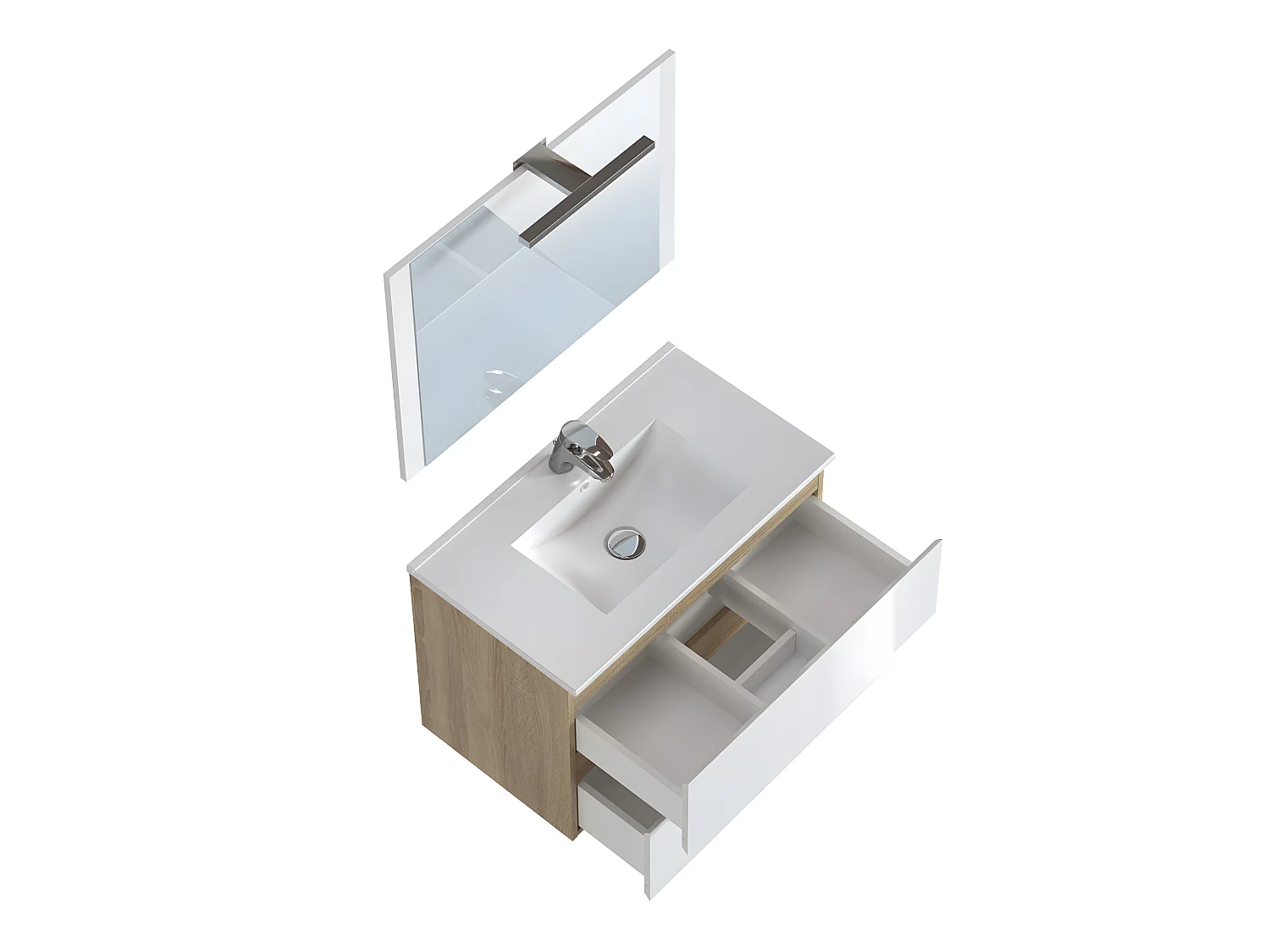 Meuble de salle de bain en mélamine couleur chêne / blanc brillant - Longueur 80 x profondeur 45 x Hauteur 85 cm