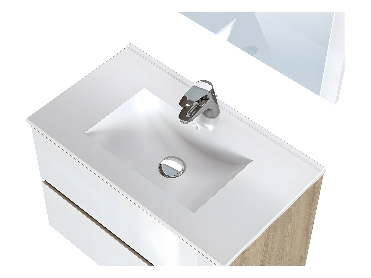 Meuble de salle de bain en mélamine couleur chêne / blanc brillant - Longueur 80 x profondeur 45 x Hauteur 85 cm