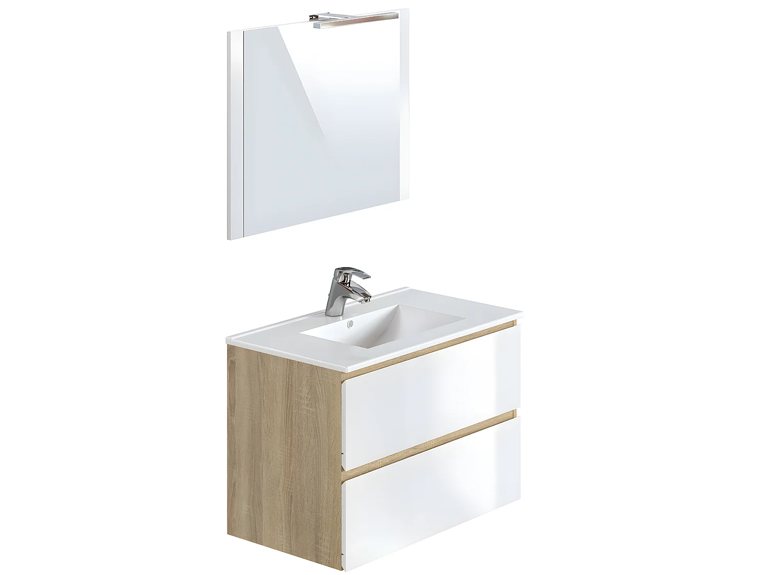 Meuble de salle de bain en mélamine couleur chêne / blanc brillant - Longueur 80 x profondeur 45 x Hauteur 85 cm