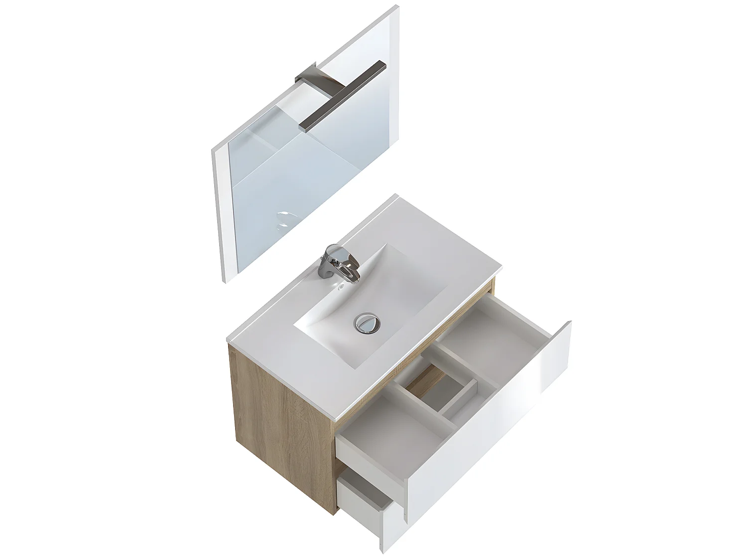Meuble de salle de bain en mélamine couleur chêne / blanc brillant - Longueur 80 x profondeur 45 x Hauteur 85 cm