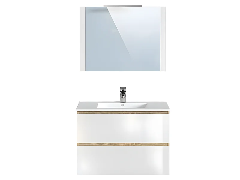 Meuble de salle de bain en mélamine couleur chêne / blanc brillant - Longueur 80 x profondeur 45 x Hauteur 85 cm