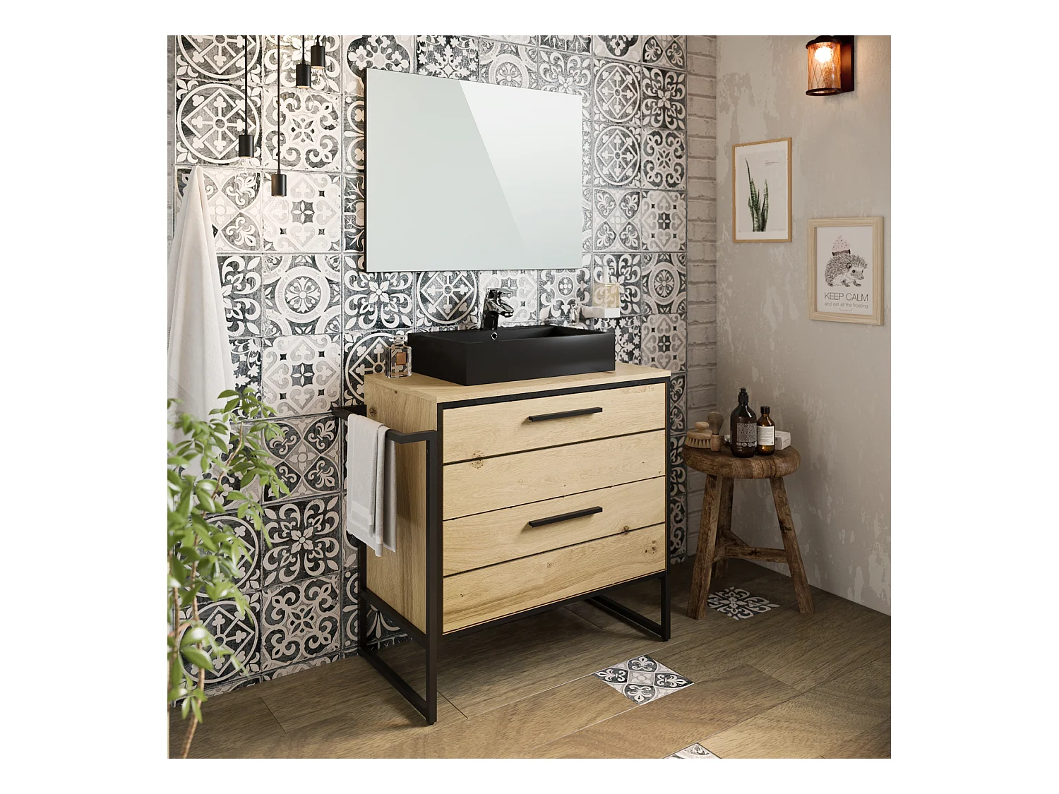 Meuble de salle de bain en mélamine coloris chêne clair - Longueur 80 x profondeur 45 x Hauteur 81 cm