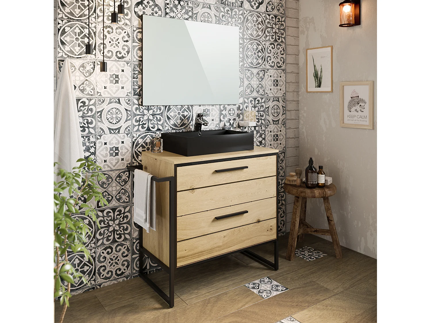 Meuble de salle de bain en mélamine coloris chêne clair - Longueur 80 x profondeur 45 x Hauteur 81 cm