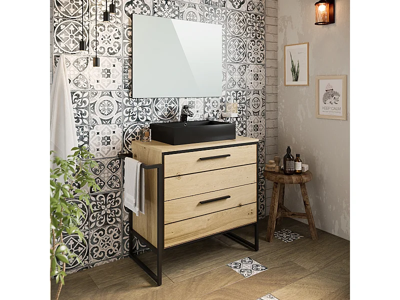 Meuble de salle de bain en mélamine coloris chêne clair - Longueur 80 x profondeur 45 x Hauteur 81 cm