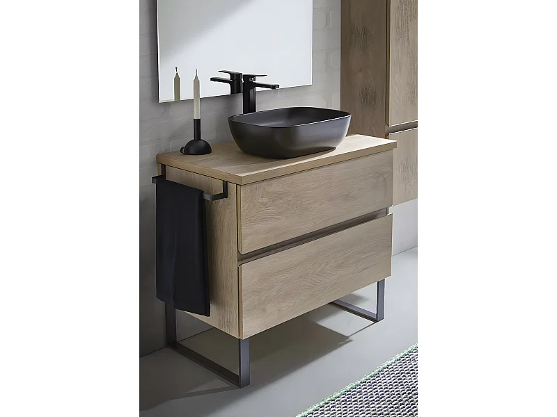 Meuble de salle de bain avec 2 tiroirs couleur chêne nordique + vasque à poser + miroir - Longueur 60 x Hauteur 87,5 x Profondeur 46,5 cm