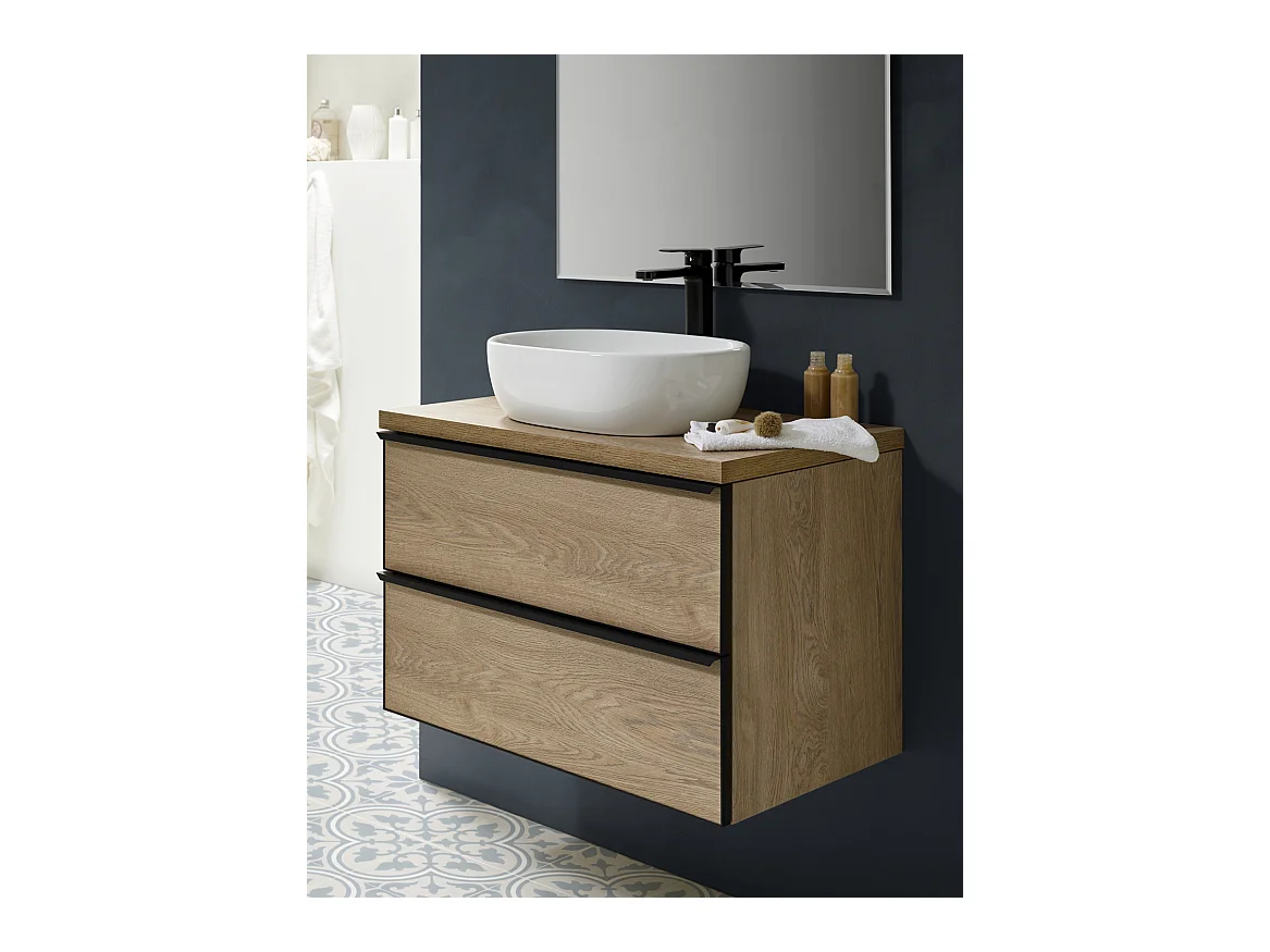 Meuble de salle de bain avec 2 tiroirs suspendus couleur chêne nordique + vasque à poser + miroir - Longueur 60 x Hauteur 50 x Profondeur 46,5 cm