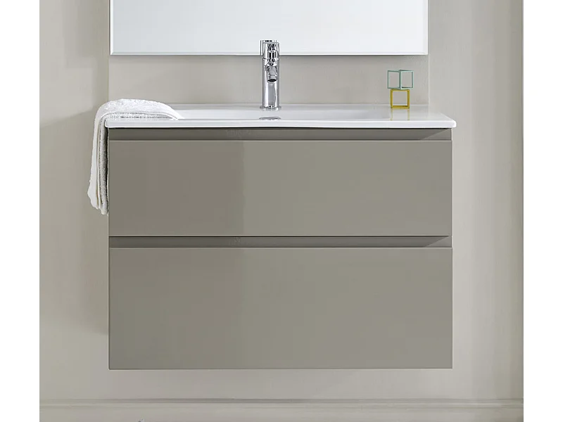 Meuble de salle de bain avec 2 tiroirs suspendus taupe brillant avec plan moulé - Longueur 80 x Hauteur 56 x Profondeur 46 cm