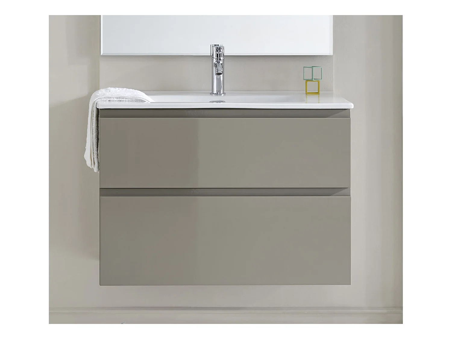 Meuble de salle de bain avec 2 tiroirs suspendus taupe brillant avec plan moulé - Longueur 80 x Hauteur 56 x Profondeur 46 cm