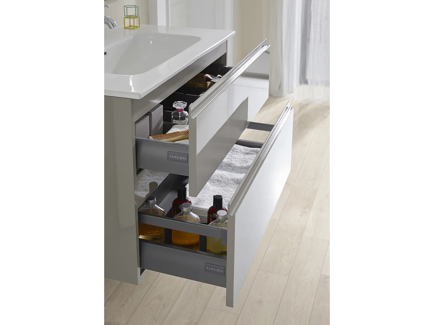 Meuble de salle de bain avec 2 tiroirs suspendus taupe brillant avec plan moulé - Longueur 80 x Hauteur 56 x Profondeur 46 cm