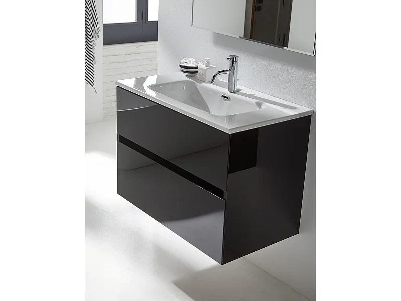 Meuble de salle de bain coloris noir avec vasque moulée en céramique - Longueur 100 x Profondeur 46 x Hauteur 56 cm