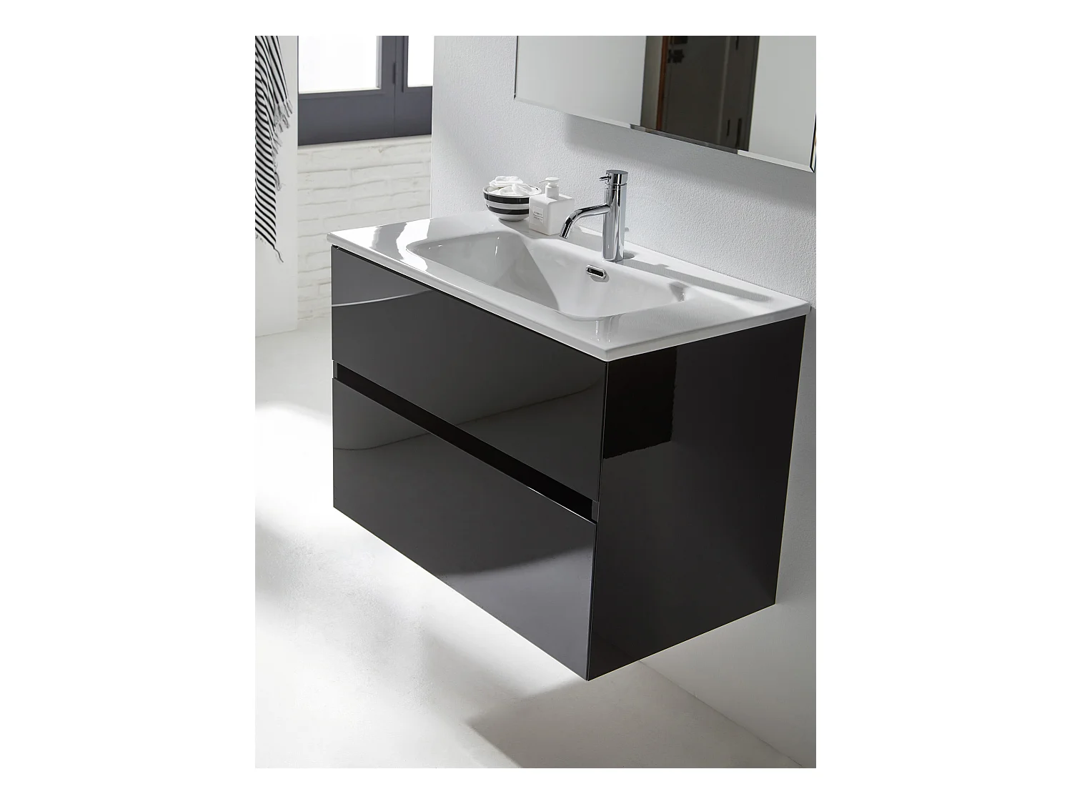 Meuble de salle de bain coloris noir avec vasque moulée en céramique - Longueur 100 x Profondeur 46 x Hauteur 56 cm