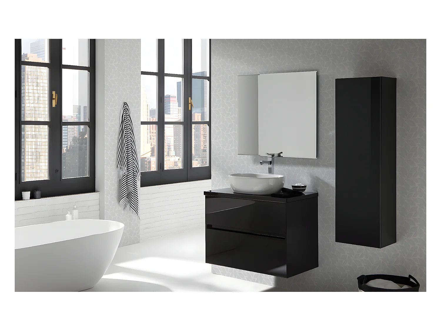 Meuble de salle de bain coloris noir avec vasque moulée en céramique - Longueur 100 x Profondeur 46 x Hauteur 56 cm
