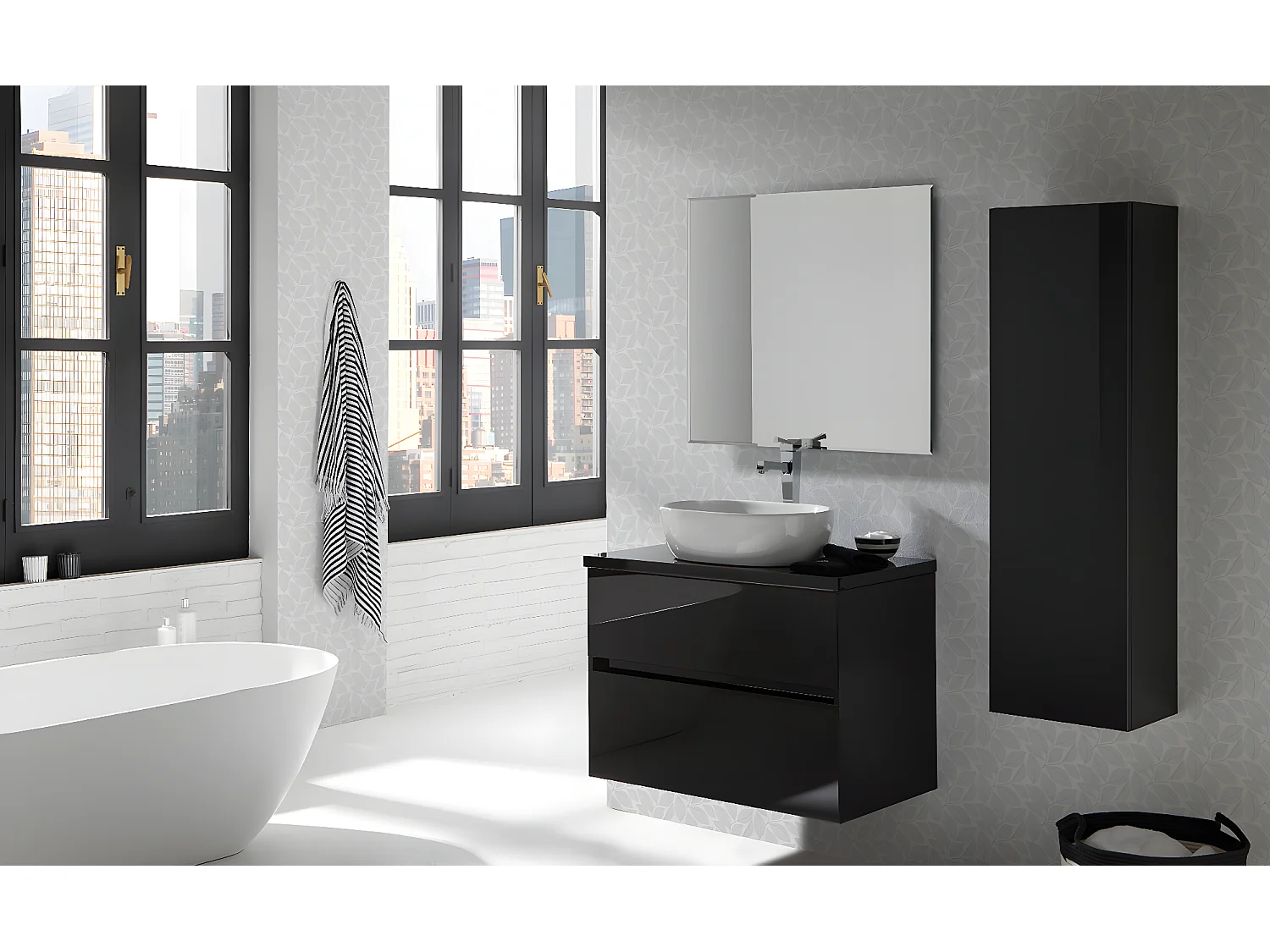 Meuble de salle de bain coloris noir avec vasque moulée en céramique - Longueur 100 x Profondeur 46 x Hauteur 56 cm
