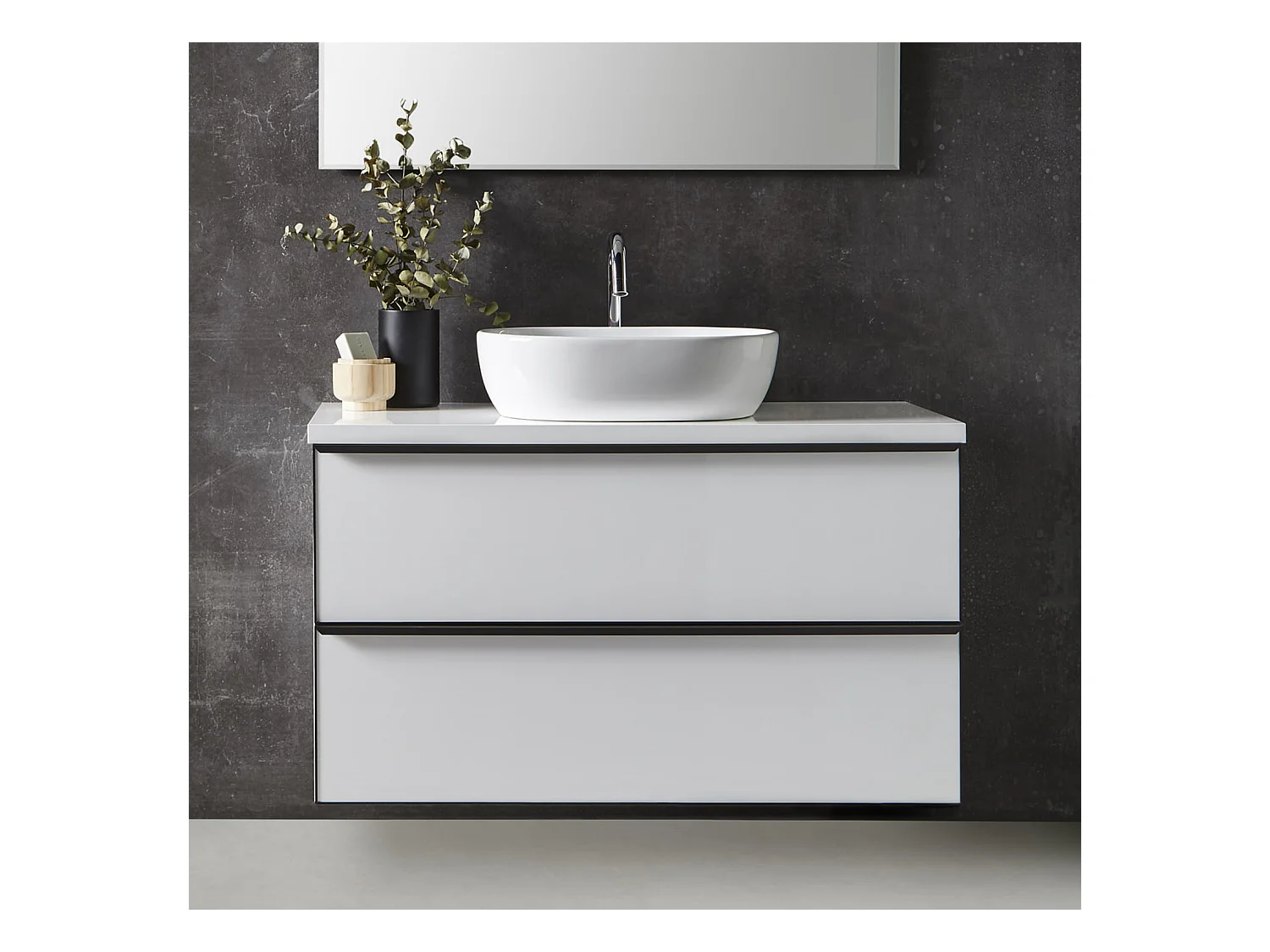 Meuble de salle de bain avec 2 tiroirs suspendus Blanc brillant + vasque à poser - Longueur 60 x Hauteur 50 x Profondeur 46,5 cm