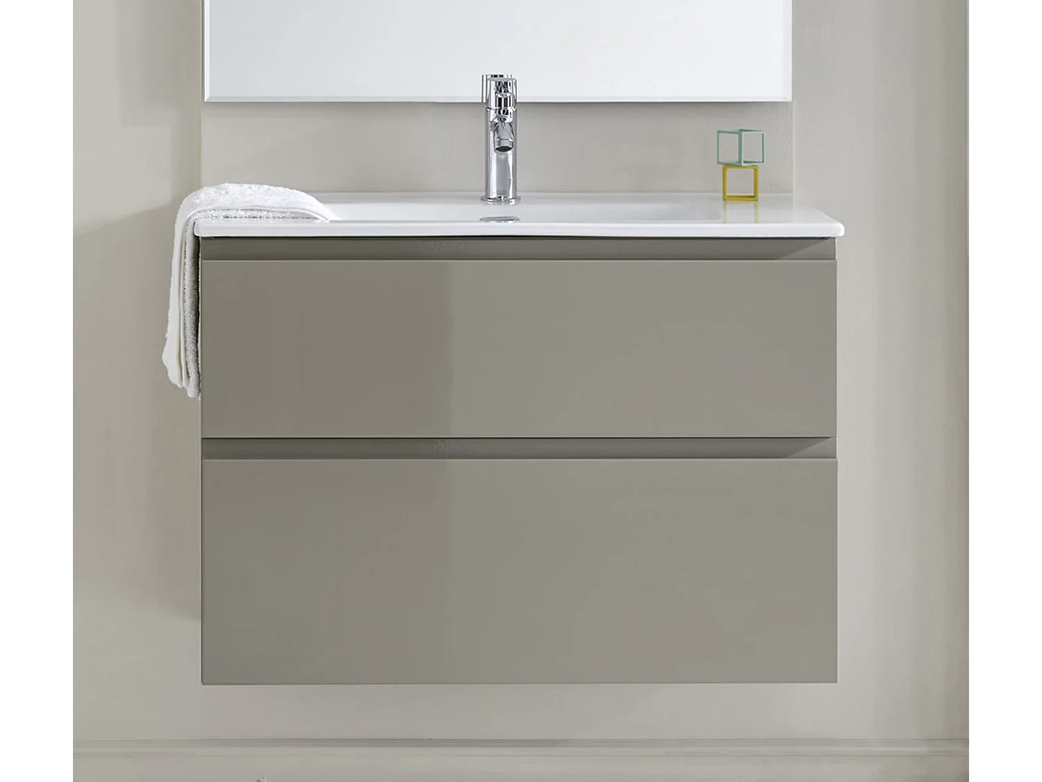 Meuble de salle de bain avec 2 tiroirs suspendus taupe brillant avec plan moulé - Longueur 100 x Hauteur 56 x Profondeur 46 cm