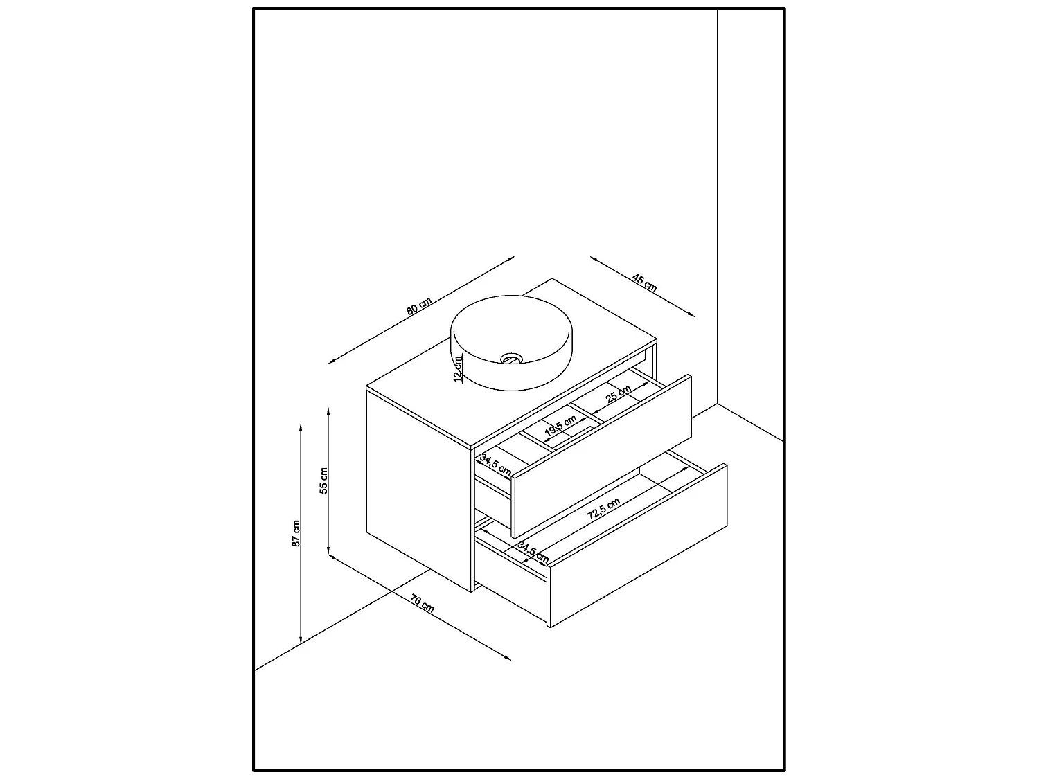 Meuble de salle de bain en mélamine coloris placage naturel - Longueur 80 x profondeur 45 x Hauteur 55 cm