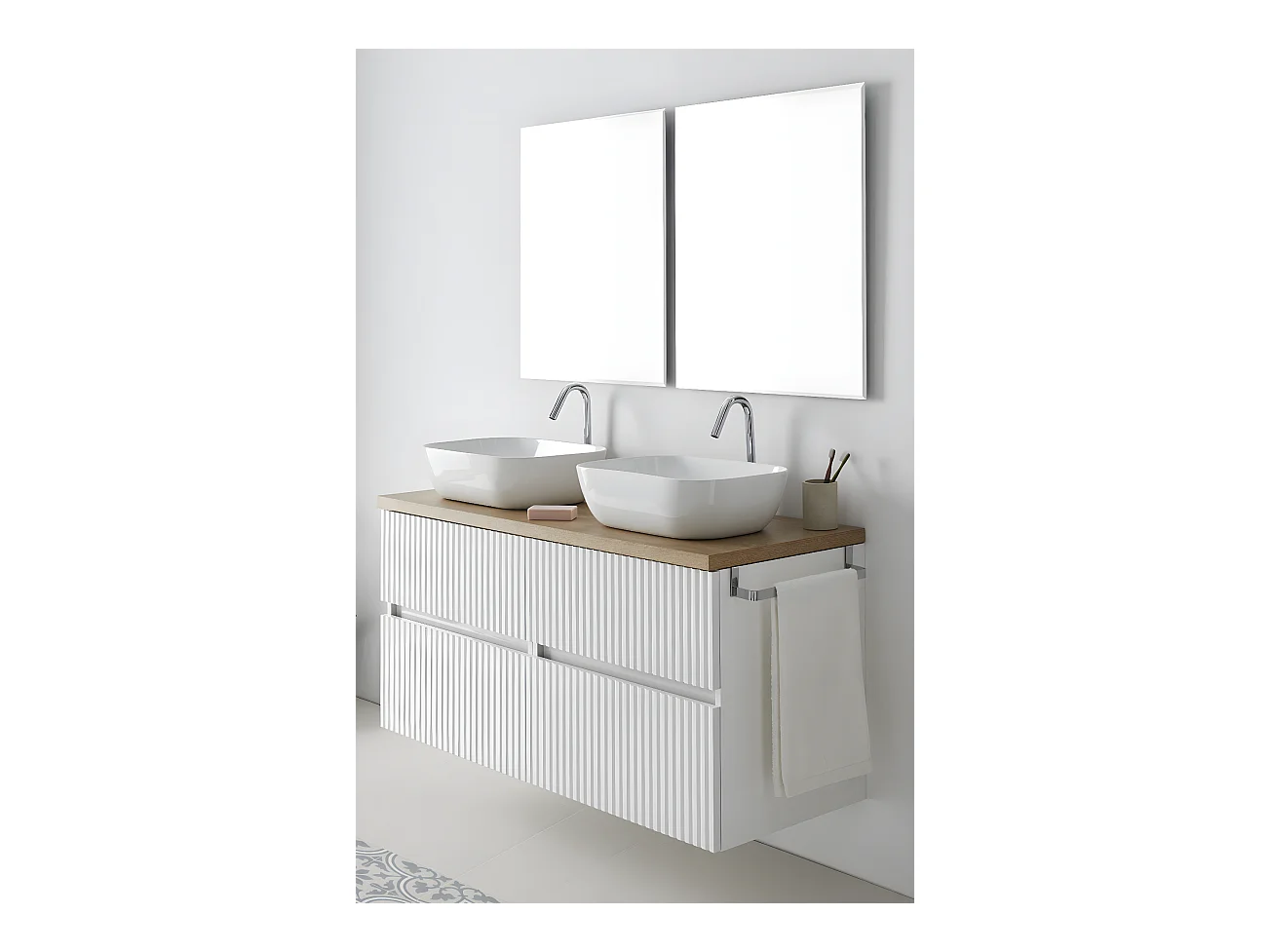 Meuble de salle de bain avec 4 tiroirs supendus blanc avec plan texturé coloris chêne nordique + vasques à poser + miroirs - Longueur 120 x Hauteur 56 x Profondeur 46,5 cm