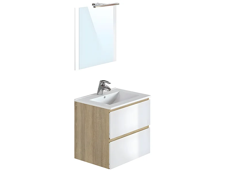 Meuble de salle de bain en mélamine coloris chêne / blanc - Longueur 60 x profondeur 45 x Hauteur 85 cm
