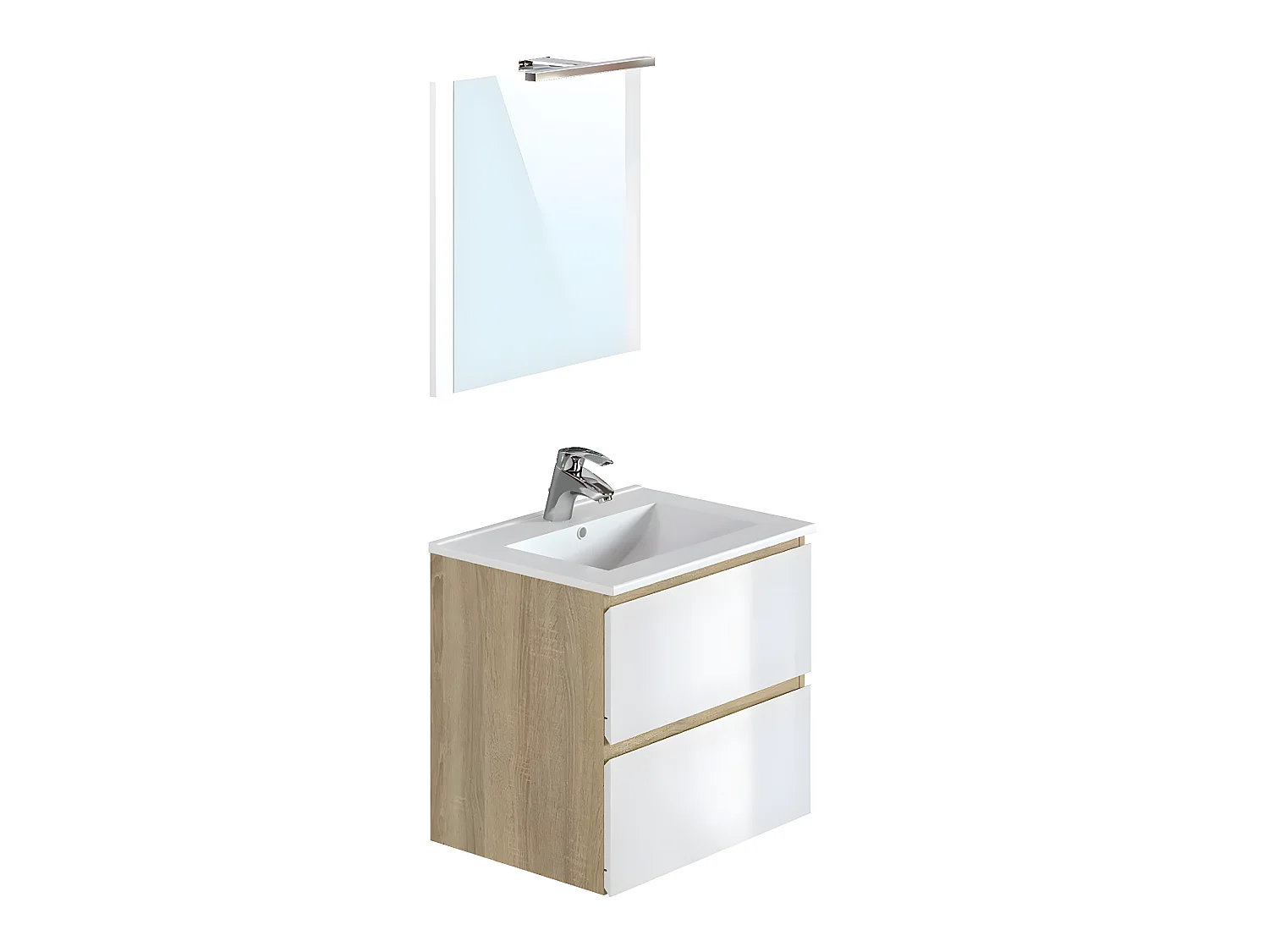 Meuble de salle de bain en mélamine coloris chêne / blanc - Longueur 60 x profondeur 45 x Hauteur 85 cm
