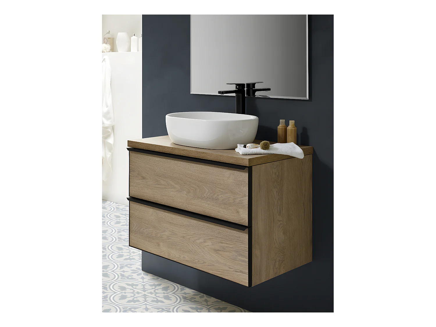 Meuble de salle de bain avec 2 tiroirs suspendus couleur chêne nordique + vasque à poser + miroir - Longueur 100 x Hauteur 50 x Profondeur 46,5 cm