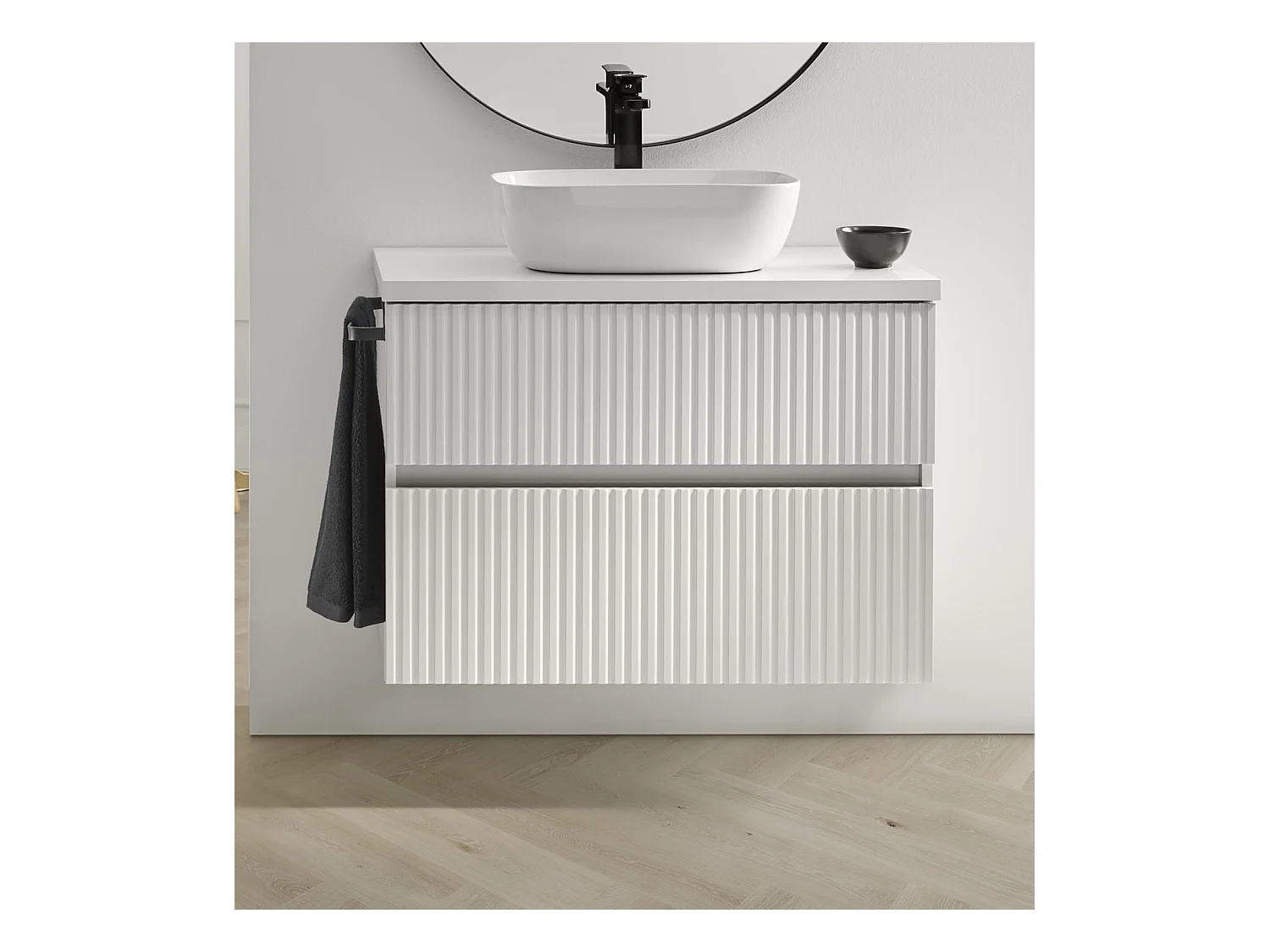 Meuble de salle de bain 2 tiroirs suspendus avec plan laqué Blanc brillant + vasque à poser - Longueur 60 x Hauteur 56 x Profondeur 46,5 cm