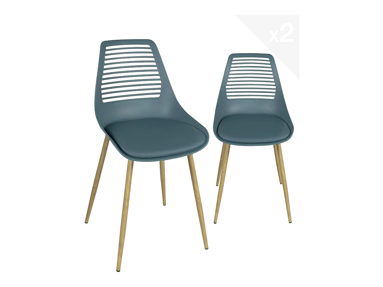 Lot 2 chaises de cuisine dossier ajouré coussin simili pieds métal ton bois clair GEOS (bleu)