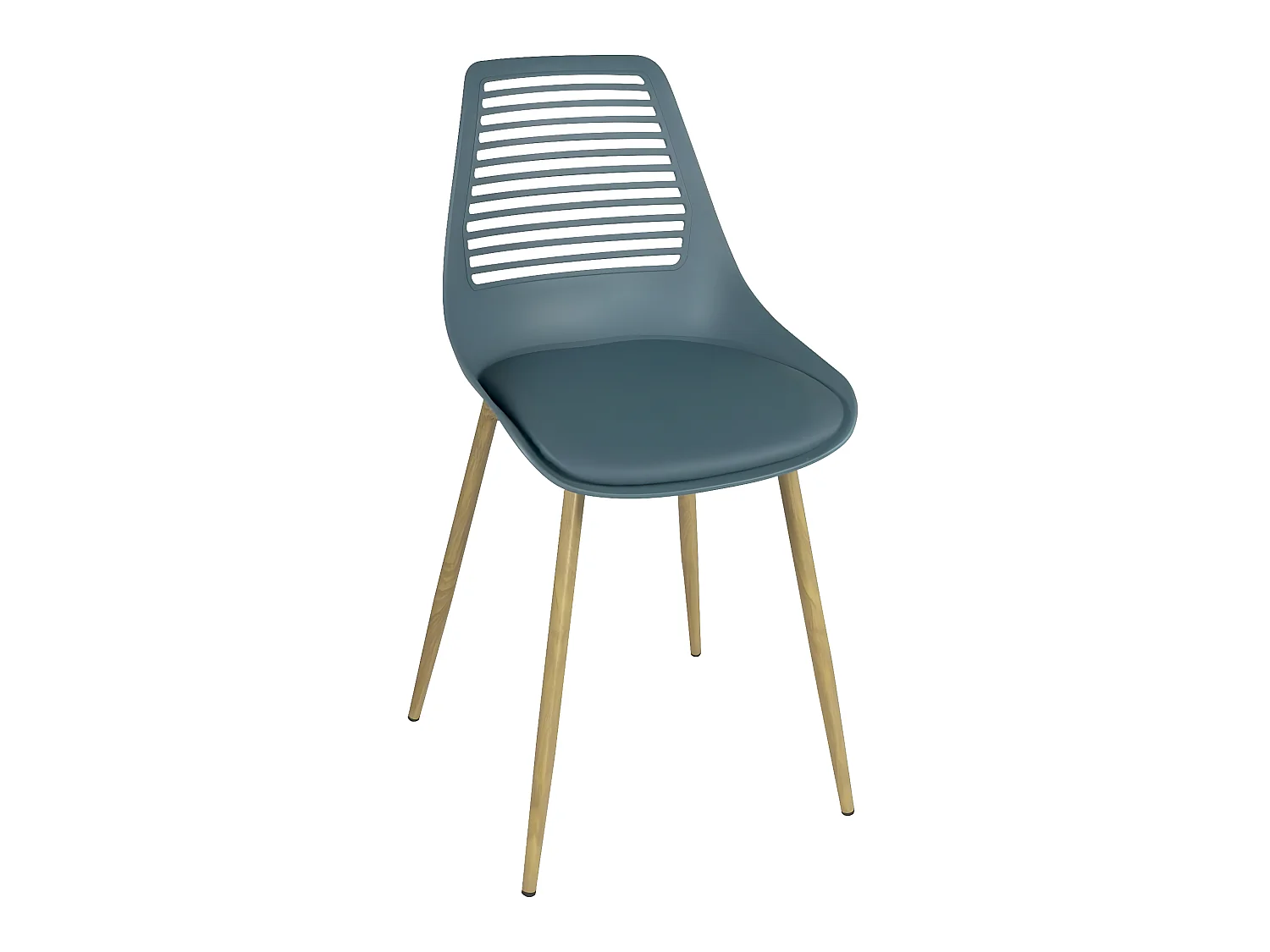 Lote de 2 sillas de cocina retro vintage. Asiento de plástico flexible, respaldo calado, cojín de cuero sintético, patas de metal color madera clara GEOS (azul)