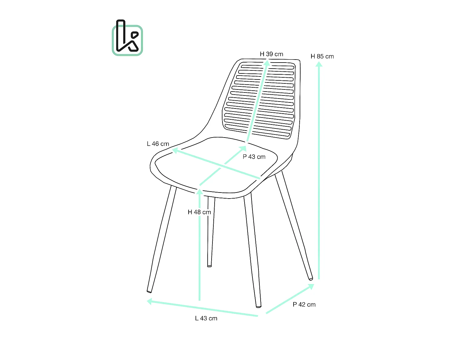 Lote de 2 sillas de cocina retro vintage. Asiento de plástico flexible, respaldo calado, cojín de cuero sintético, patas de metal color madera clara GEOS (azul)