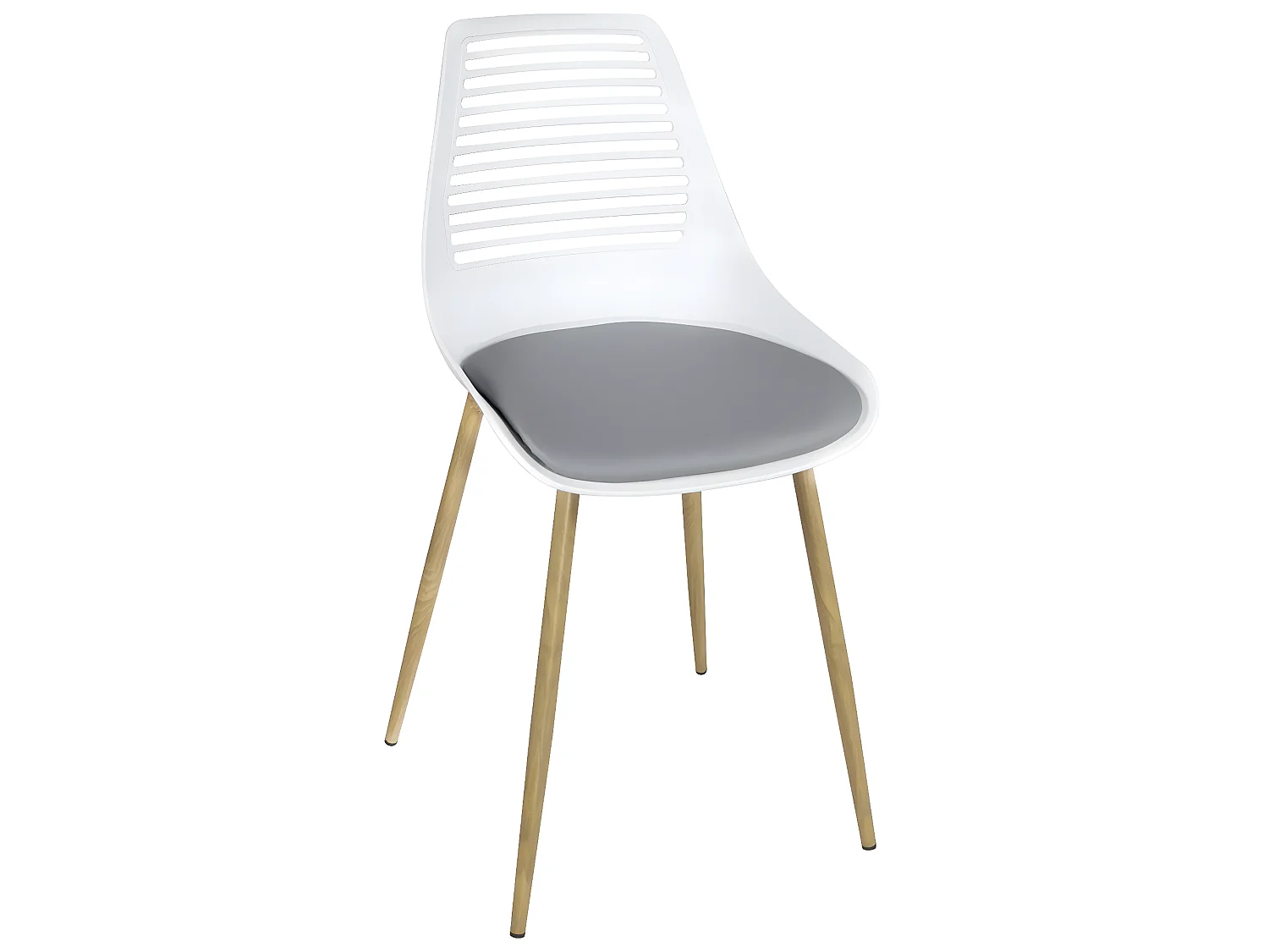 Lot 2 chaises de cuisine dossier ajouré coussin simili pieds métal ton bois clair GEOS (Blanc gris)