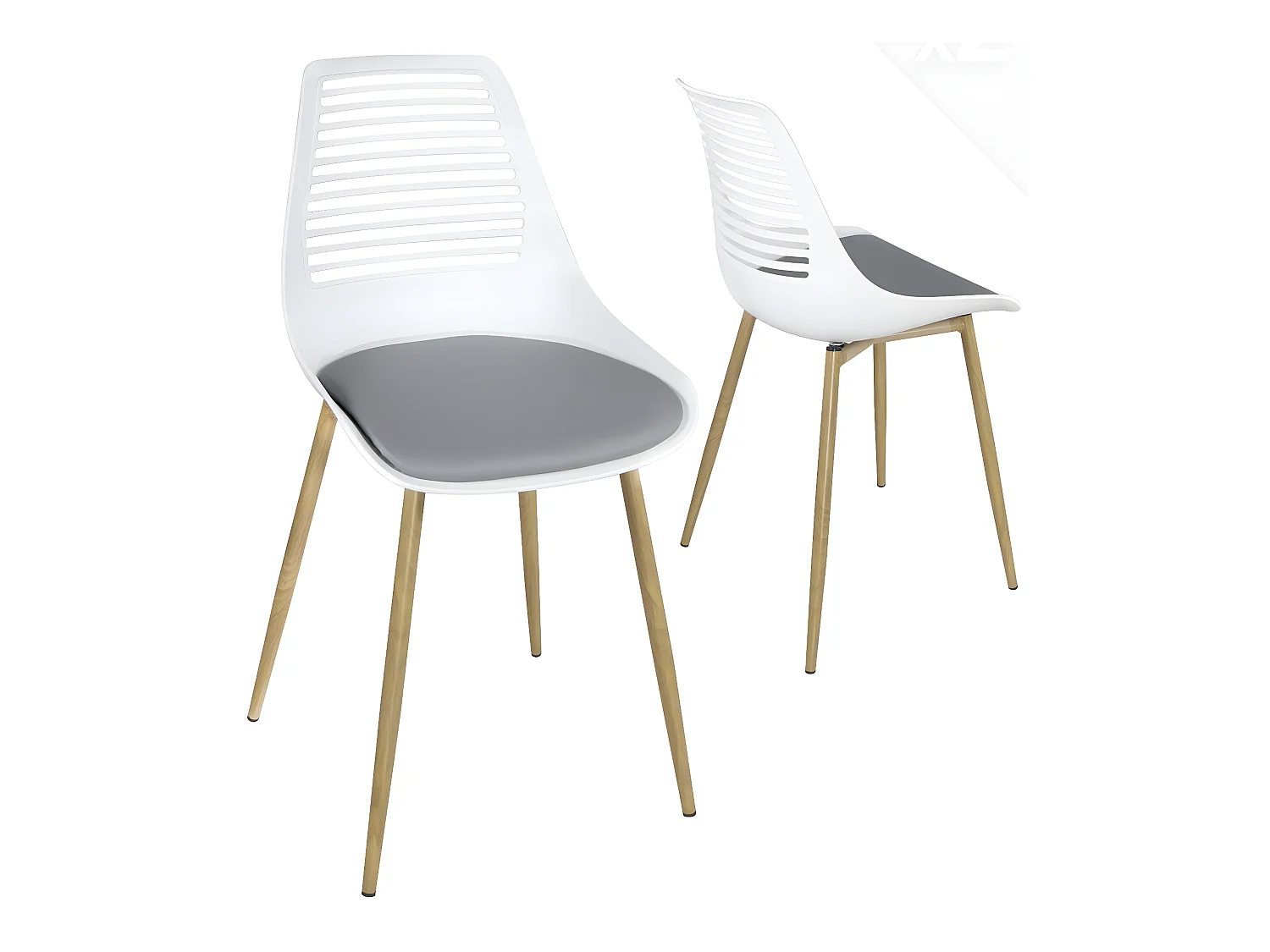 Lot 2 chaises de cuisine dossier ajouré coussin simili pieds métal ton bois clair GEOS (Blanc gris)