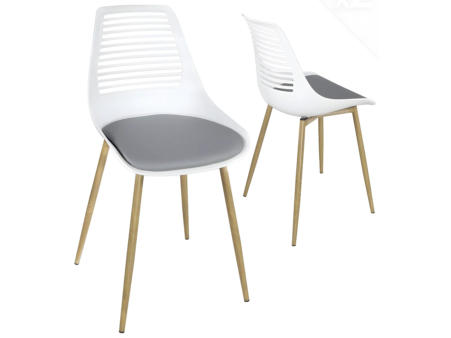 Lot 2 chaises de cuisine dossier ajouré coussin simili pieds métal ton bois clair GEOS (Blanc gris)