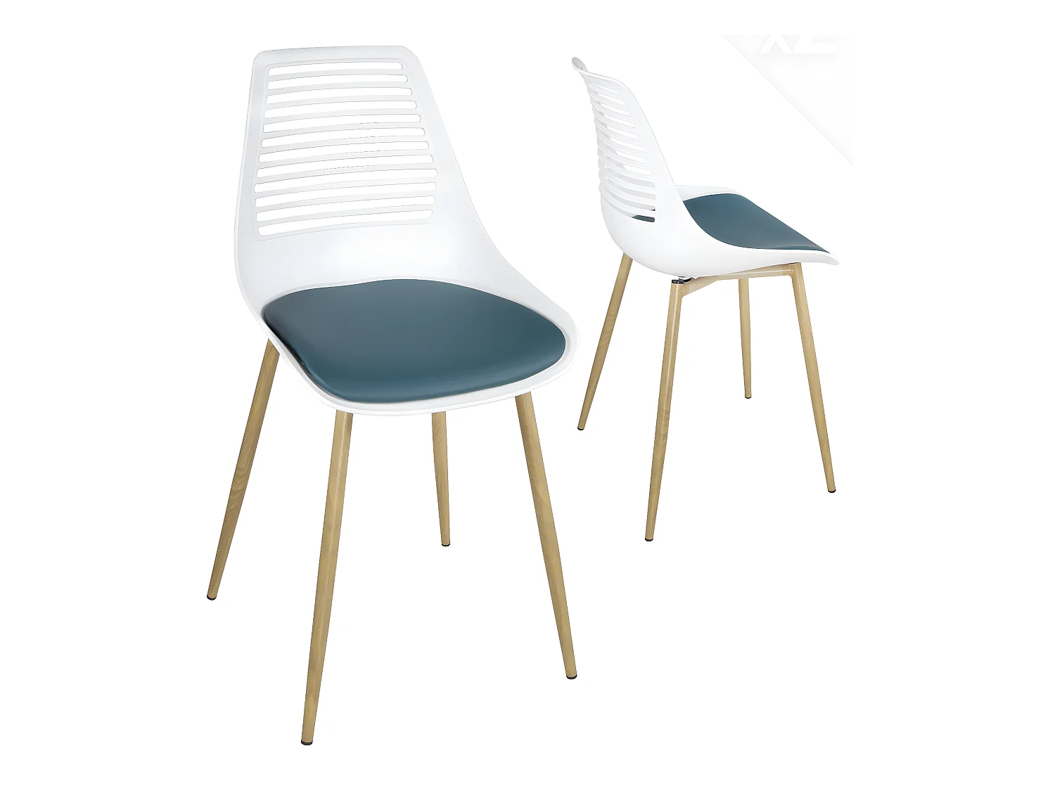 Lot 2 chaises de cuisine dossier ajouré coussin simili pieds métal ton bois clair GEOS (Blanc bleu)